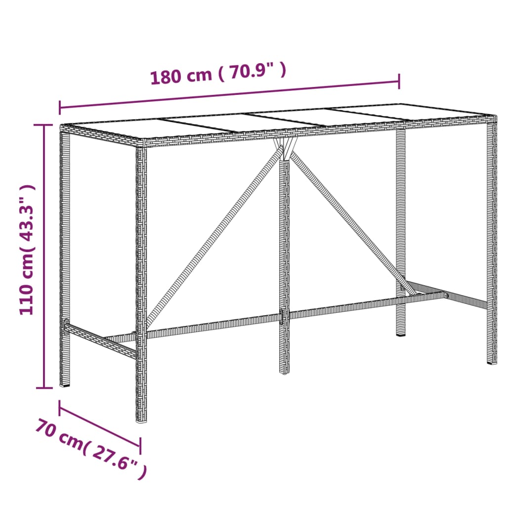Bartisch mit Glasplatte Schwarz 110x70x110 cm Poly Rattan