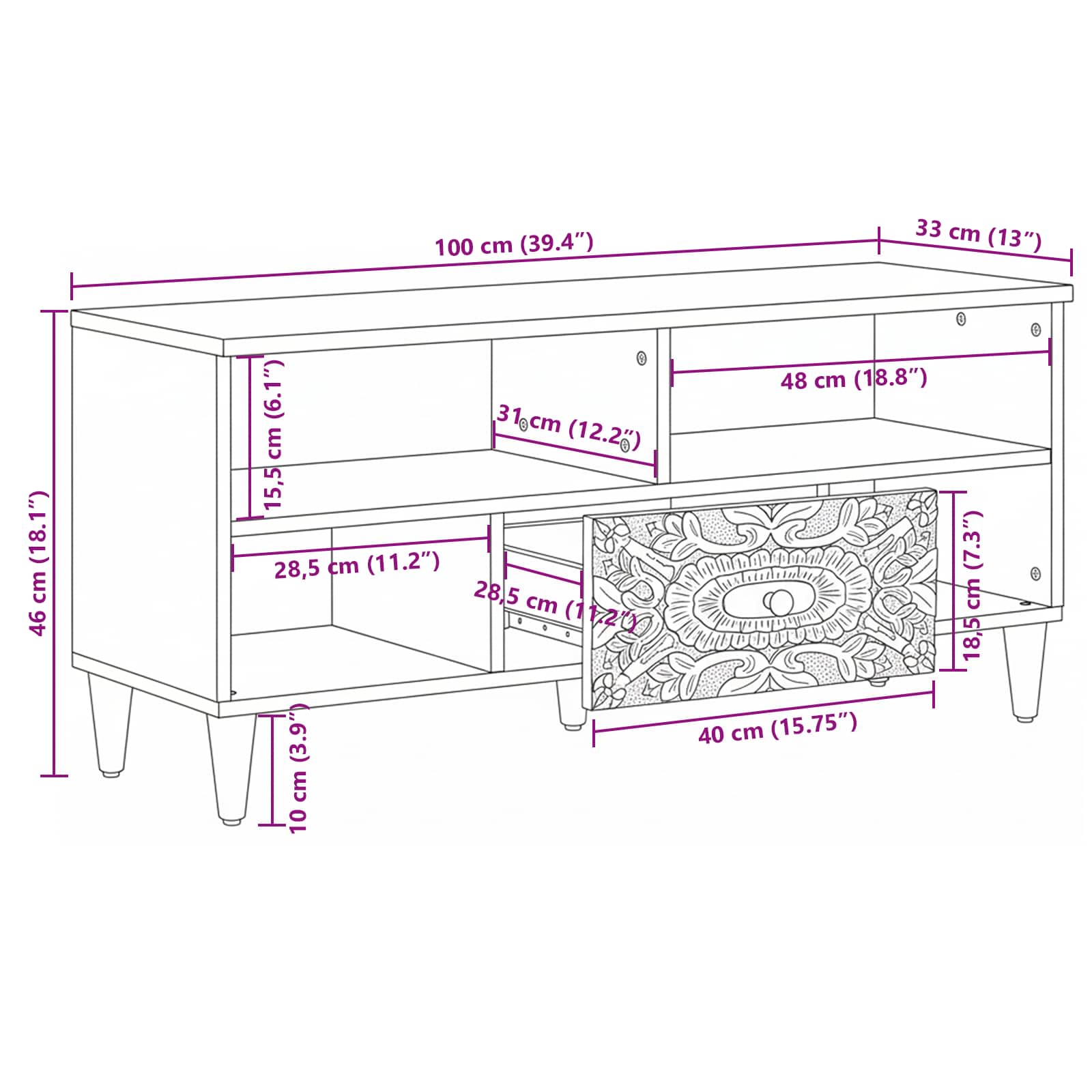 TV-Schränk mit Regal Braun 100 x 33,5 x 46 cm Massivholz Mango