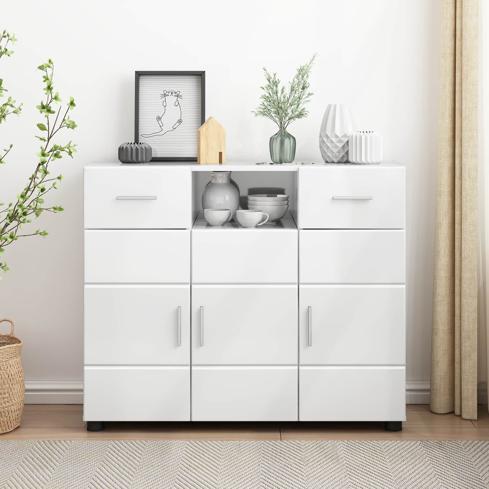 Highboard mit Regal FLORIN Weiß 60 x 35 x 182 cm Holzwerkstoff