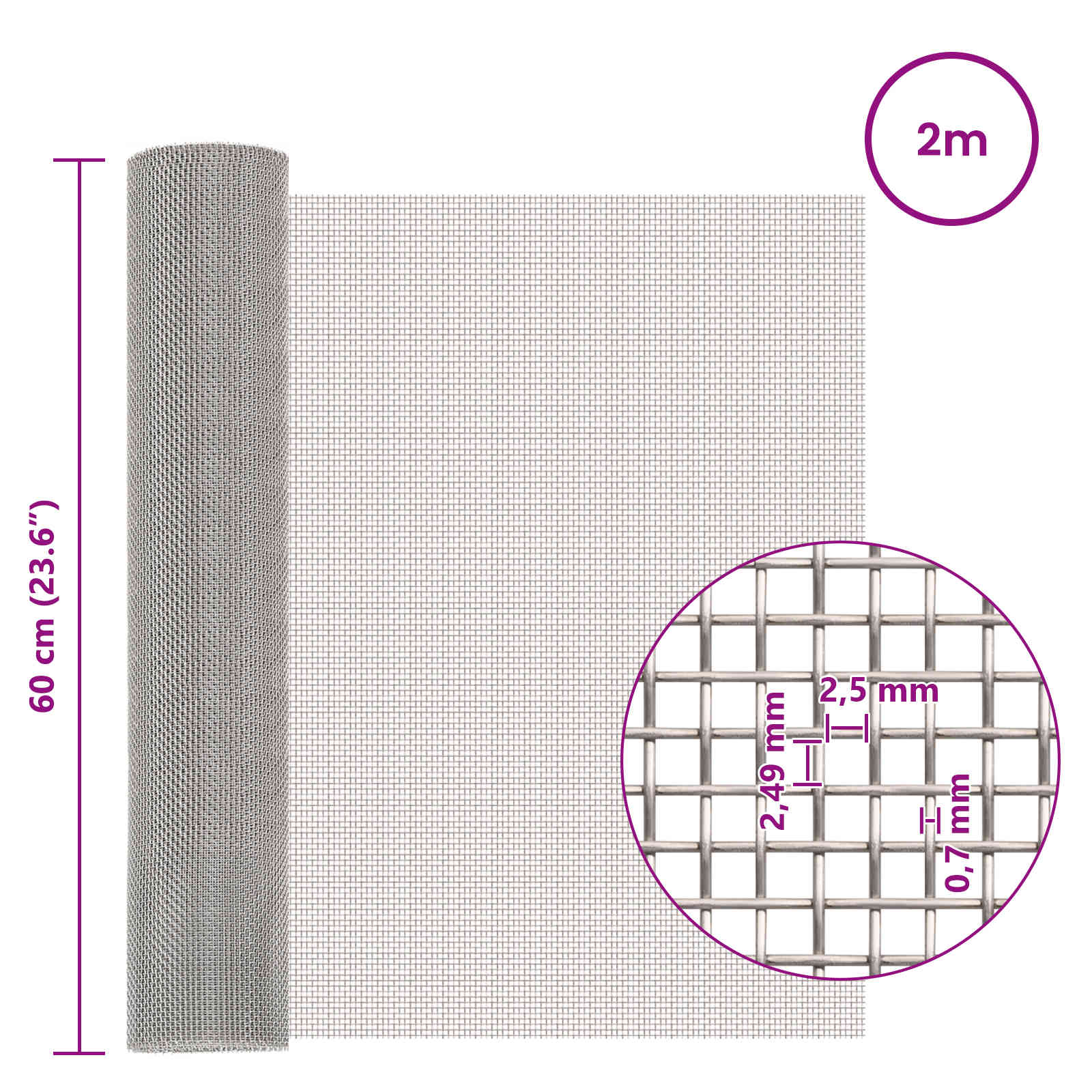 Mesh Bildschirm 20 x 500 cm 20 Mesh Edelstahl 201 Silber