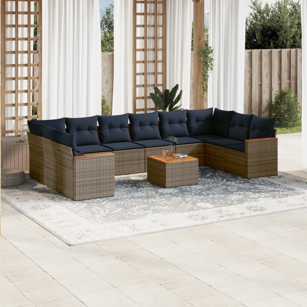 10-teiliges Gartensofa-Set mit Kissen, schwarzes Polyrattan