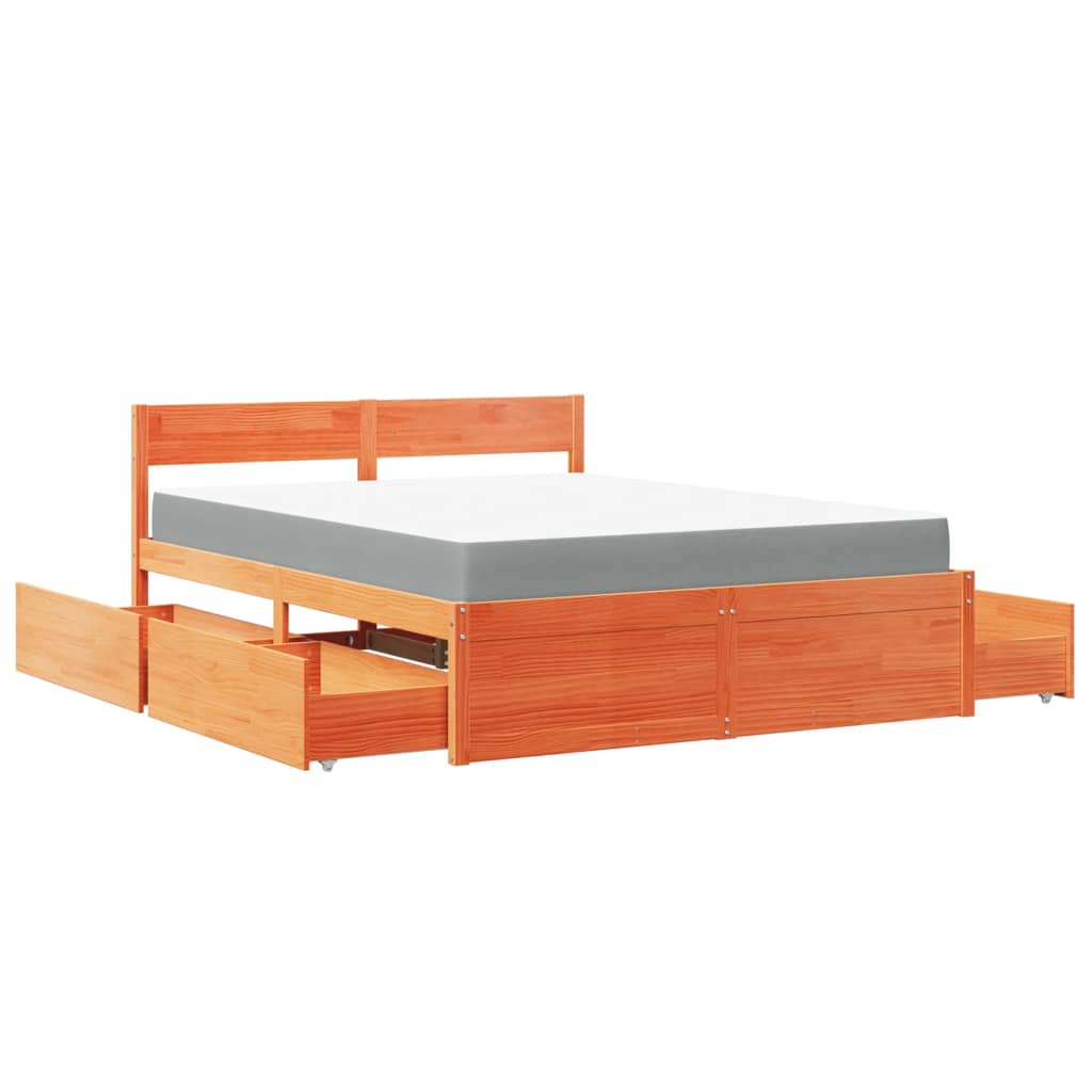 Bett mit Schubladen und Matratze 200x200 cm Massivholz Kiefer