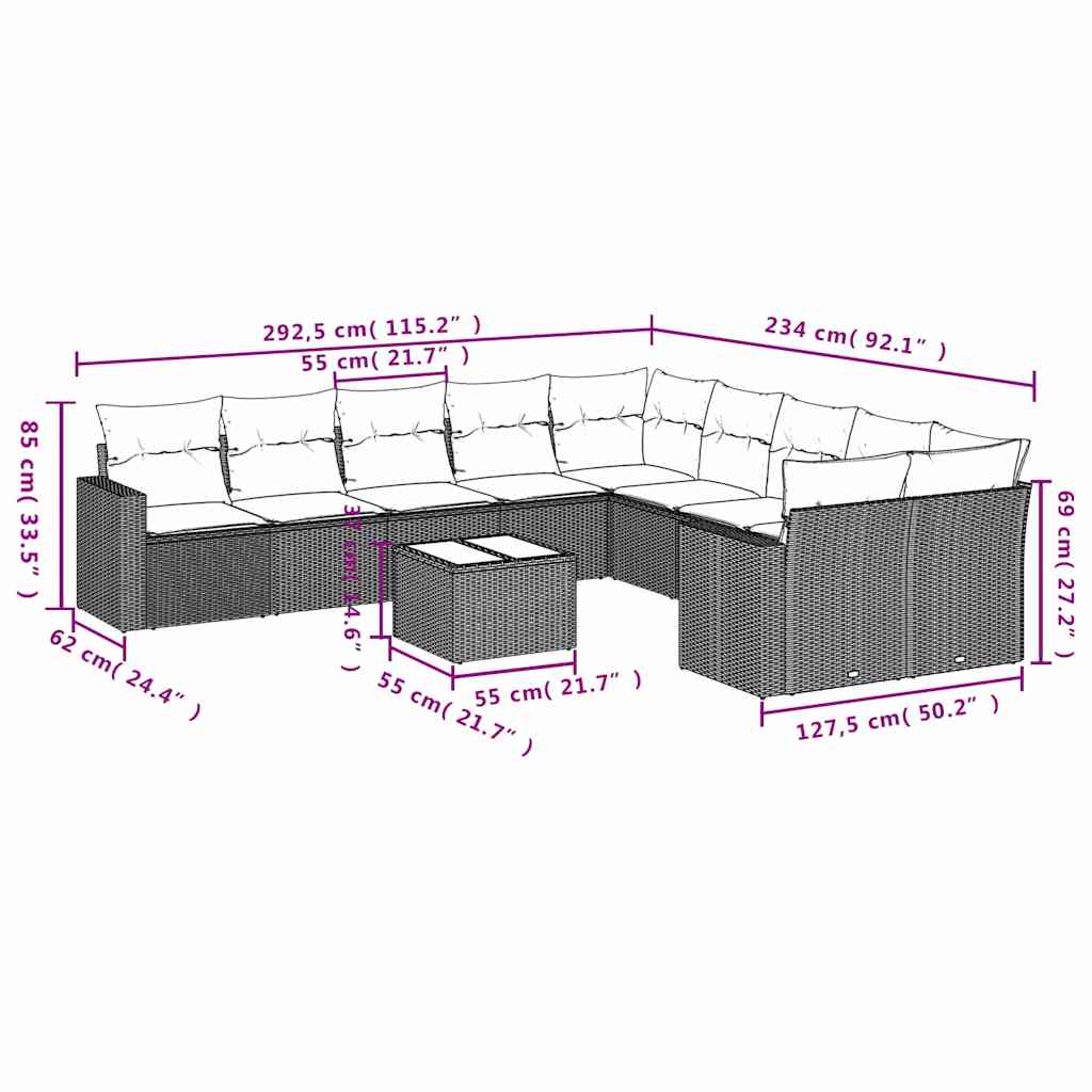 10-tlg. Garten-Sofagarnitur mit Kissen Schwarz Poly Rattan