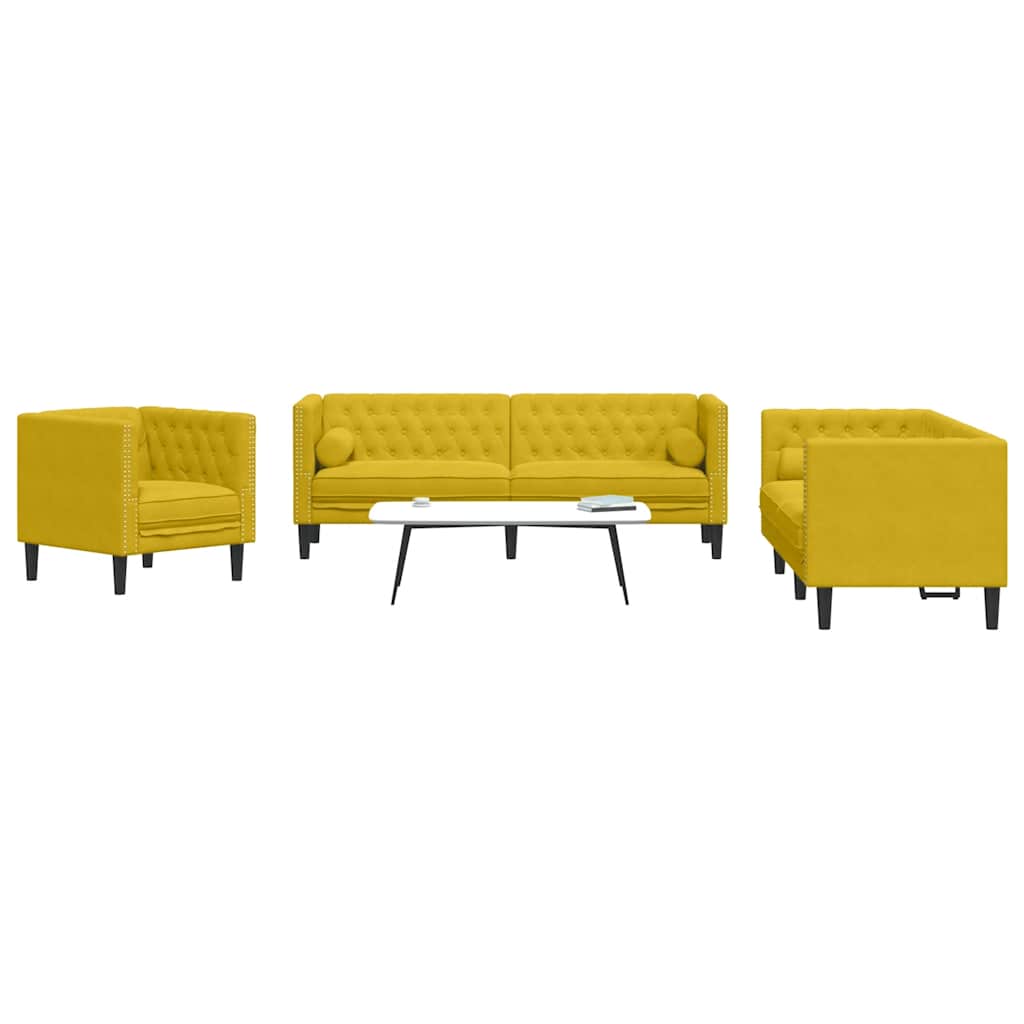 3-tlg. Chesterfield-Sofa-Set mit Nackenrollen Hellgrau Samt