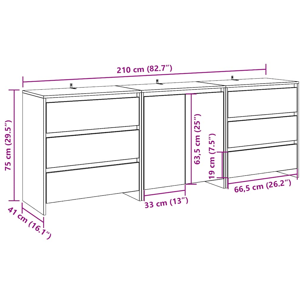 3-tlg. Sideboard Weiß Holzwerkstoff