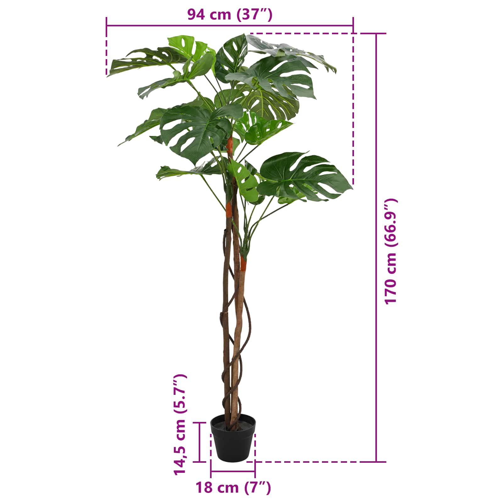Künstliche Monstera Pflanze Grün 70 x 16 x 130 cm