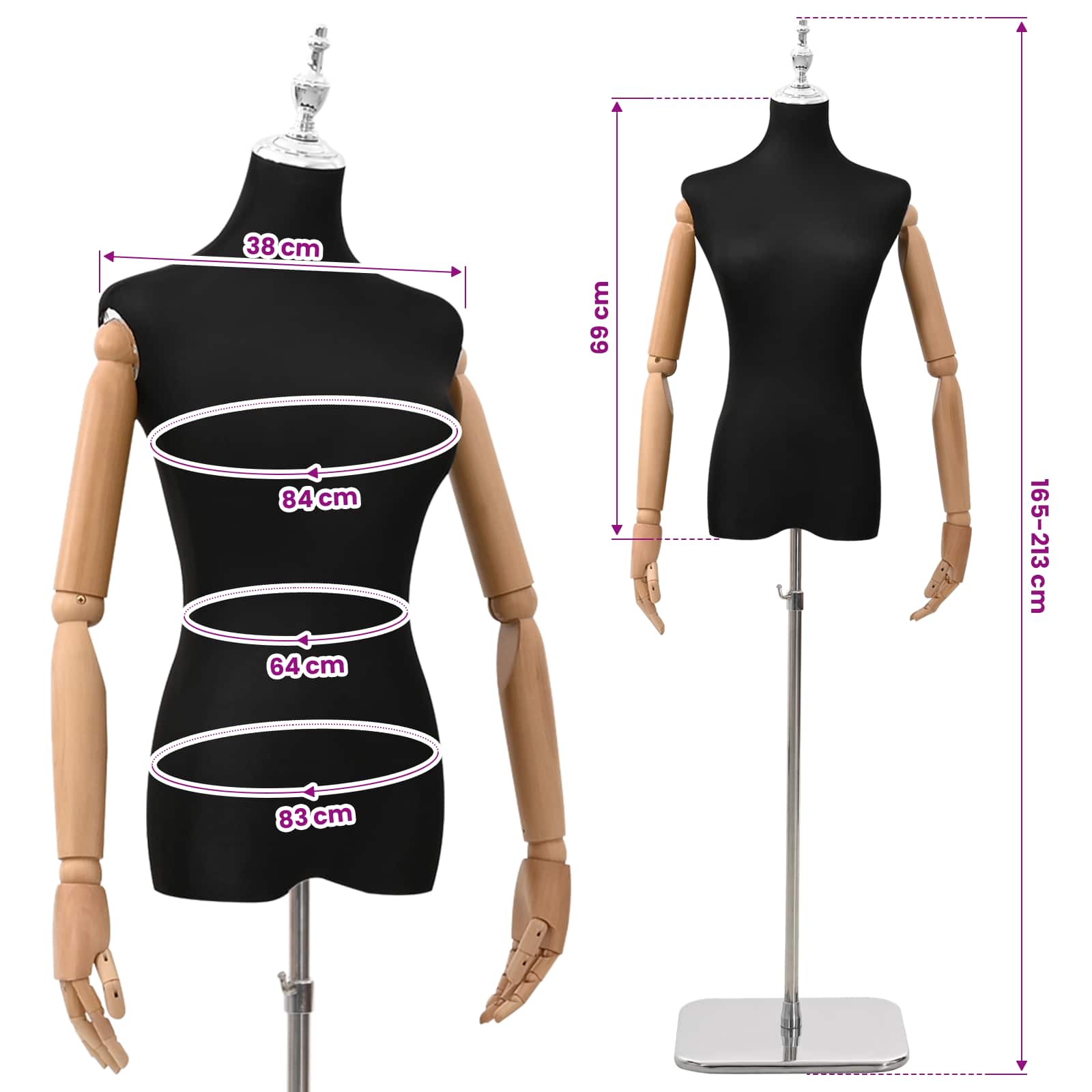 Verstellbare Mannequin 165-213 cm mit Fuß Weiblich PP Weiß