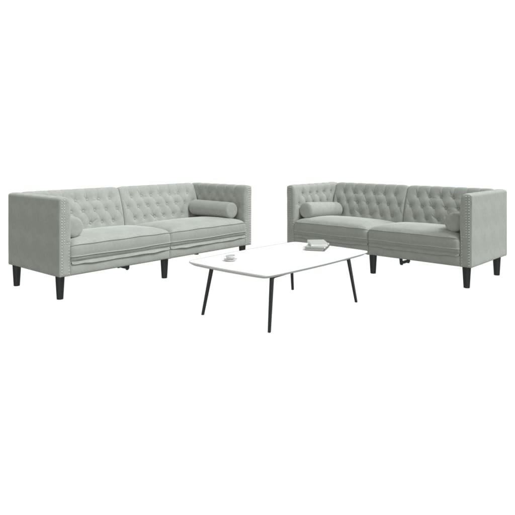 3-tlg. Chesterfield-Sofa-Set mit Nackenrollen Hellgrau Samt