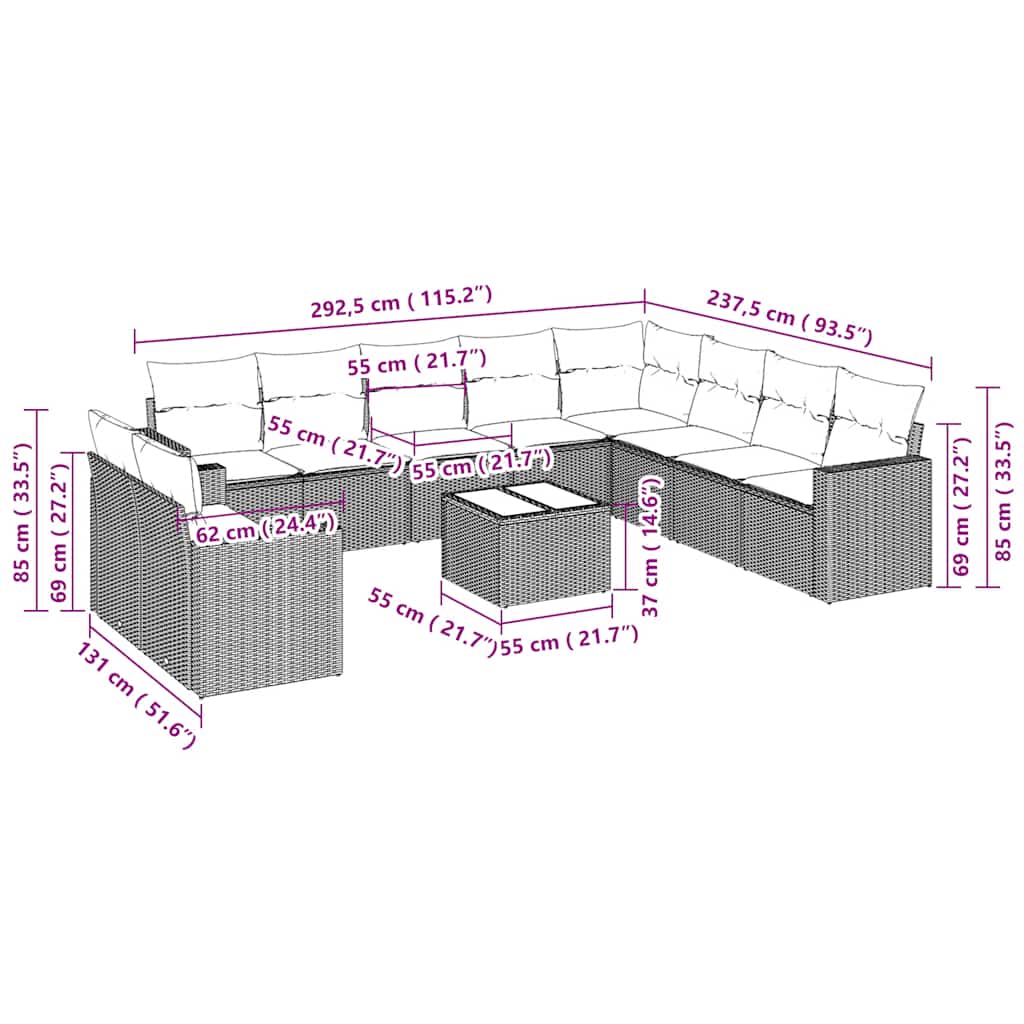 10-tlg. Garten-Sofagarnitur mit Kissen Schwarz Poly Rattan