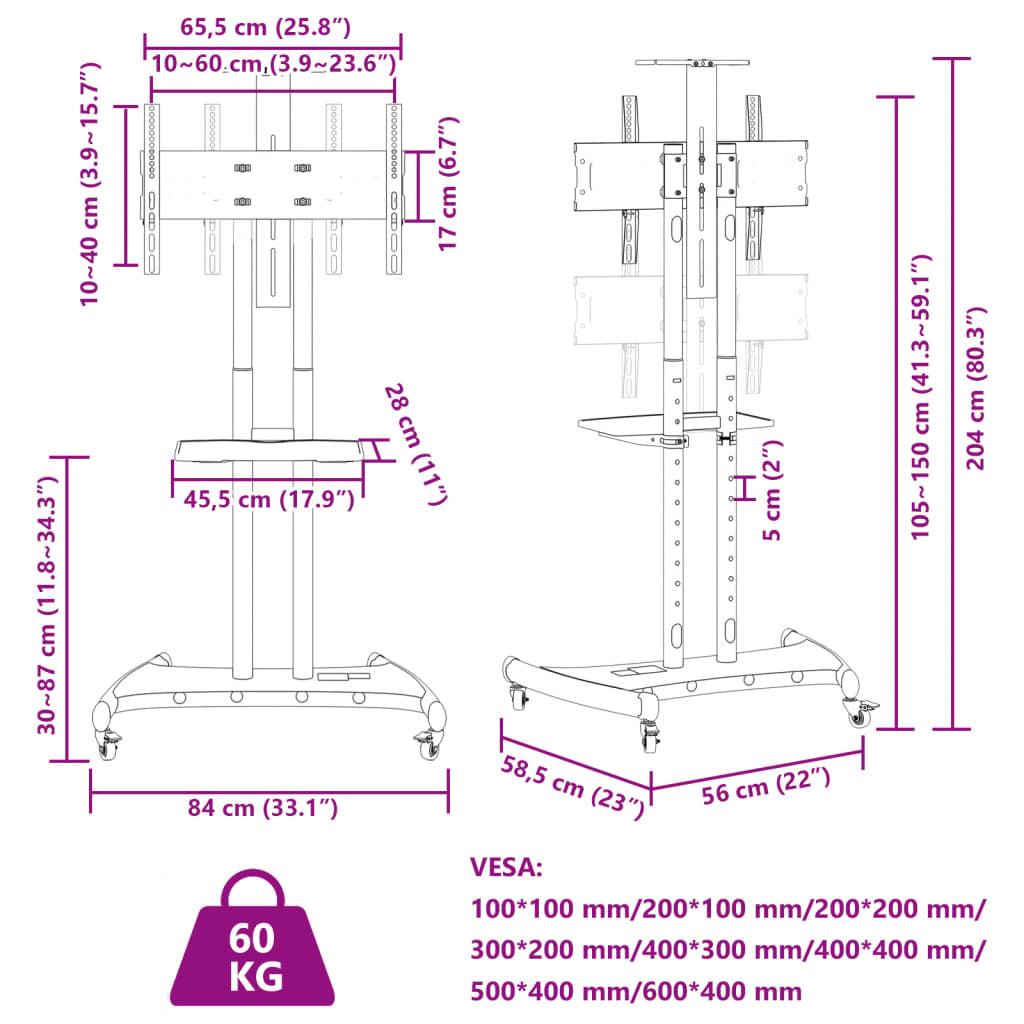 TV-Ständer Rädern 32-70 Zoll Bildschirm Max VESA 600x400mm 50kg