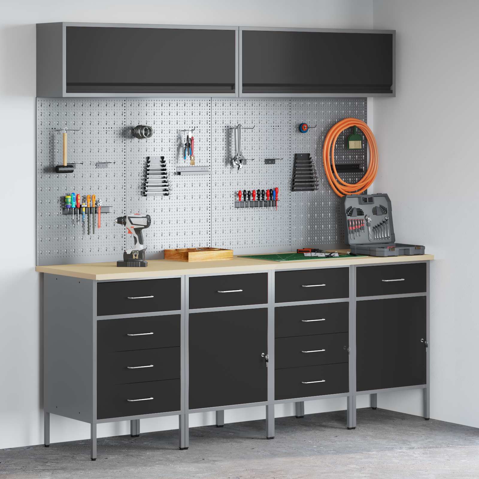 Arbeitsschrankset mit Schubladen mit Regal 8 pcs Grau