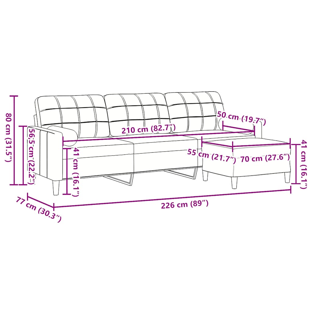 3-Sitzer-Sofa mit Hocker Hellgrau 180 cm Samt