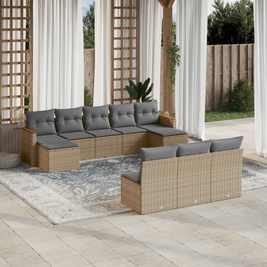 10-tlg. Garten-Sofagarnitur mit Kissen Schwarz Poly Rattan