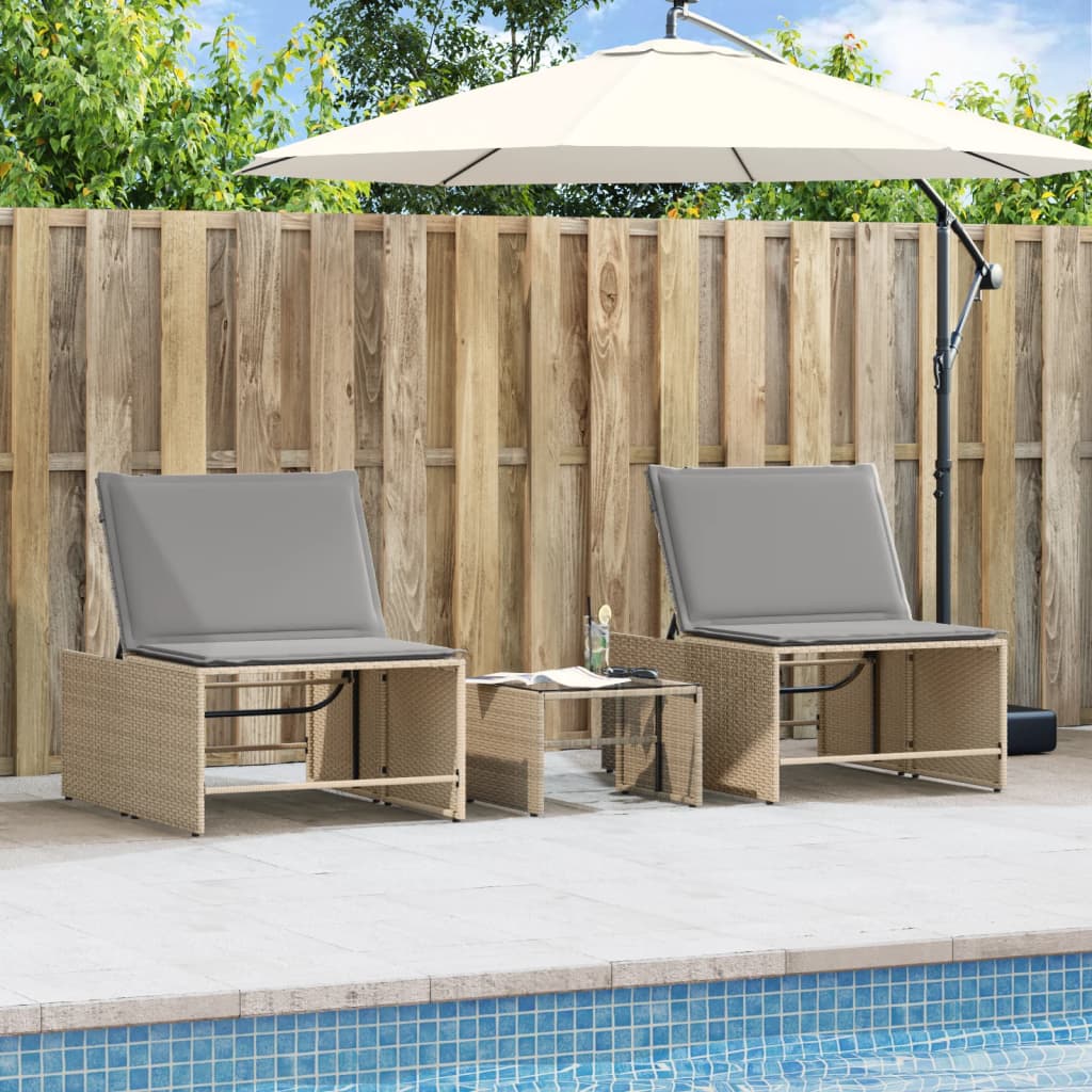 Modulare Sonnenliegen 2 Stk. mit Tisch Schwarz Poly Rattan