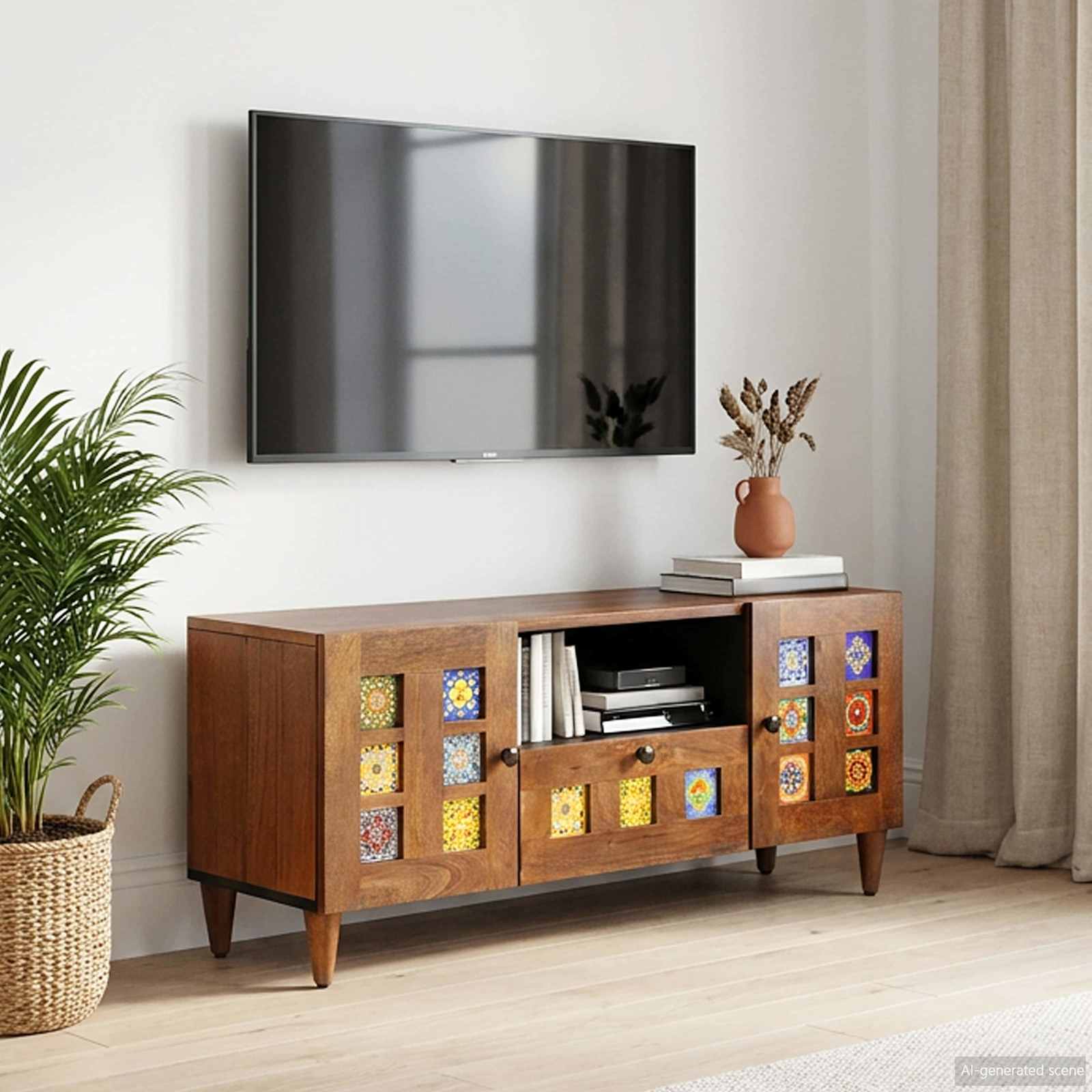 TV-Schränk mit Tür Walnuss 105 x 33 x 46 cm Massivholz Mango