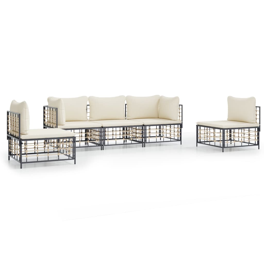 6-tlg. Garten-Lounge-Set mit Kissen Anthrazit Poly Rattan