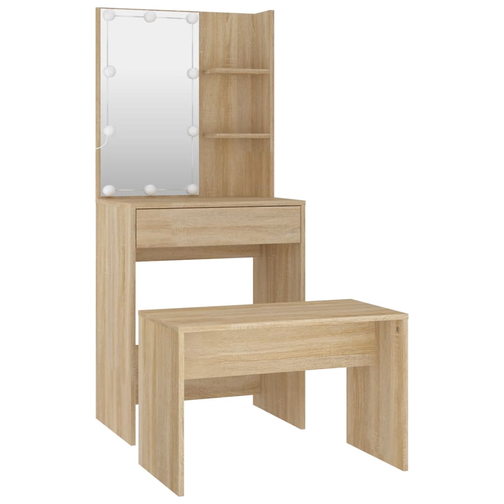 Schminktisch-Set mit LED Weiß Holzwerkstoff