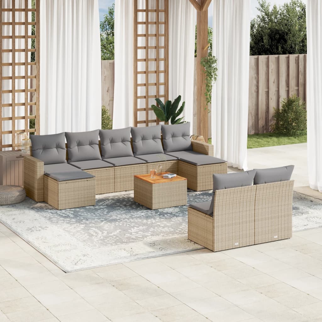 10-tlg. Garten-Sofagarnitur mit Kissen Schwarz Poly Rattan
