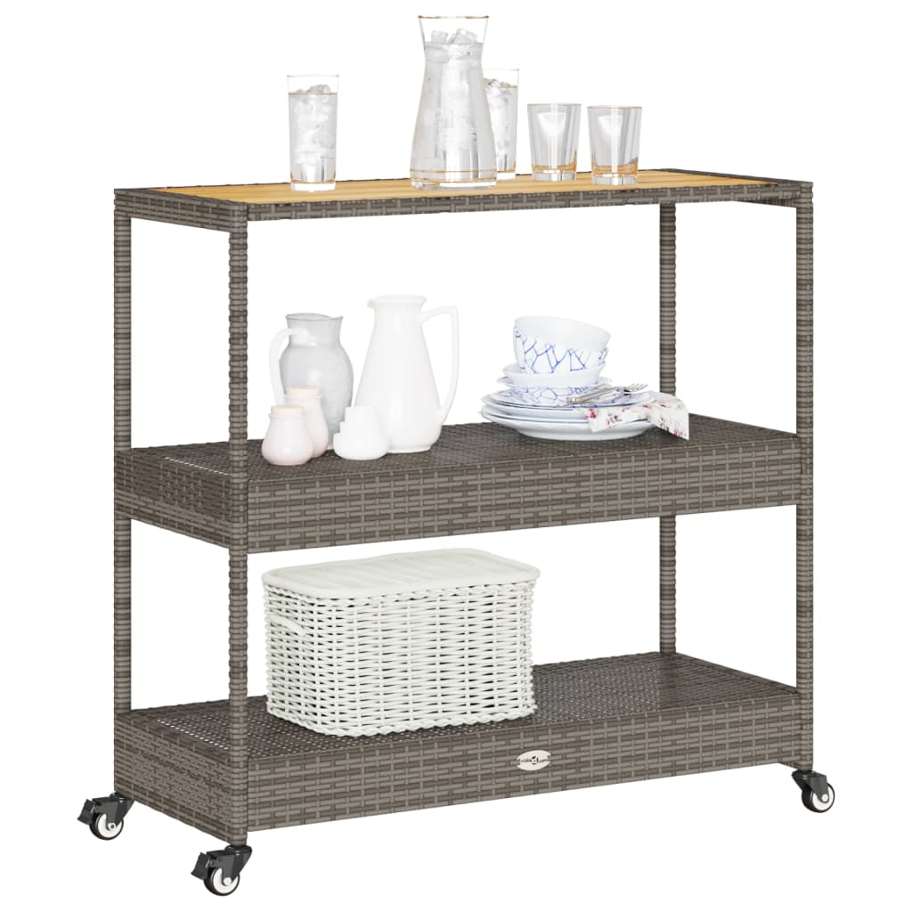 Barwagen 3 Böden Schwarz Poly Rattan und Massivholz Akazie