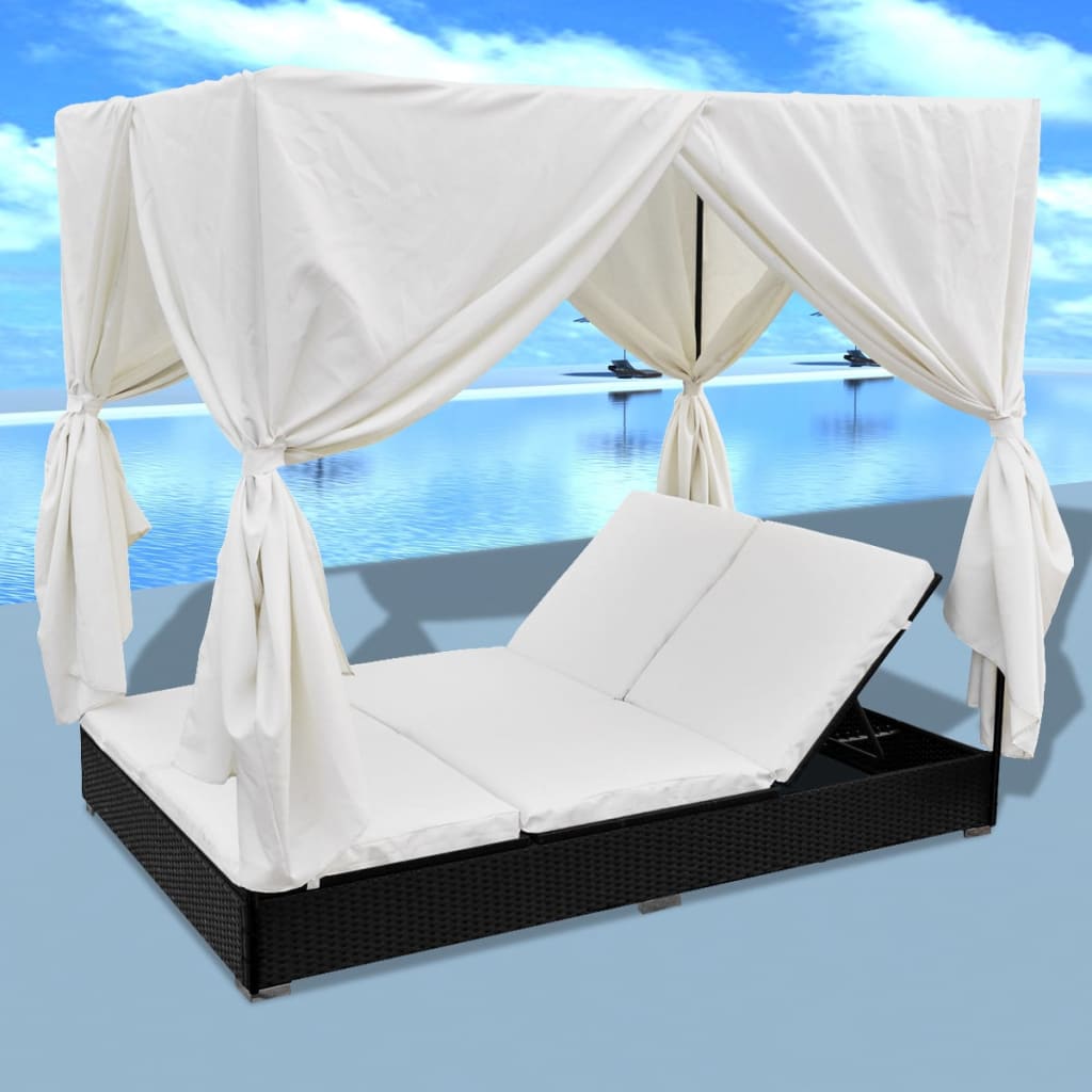 Outdoor-Loungebett mit Vorhang Poly Rattan Braun