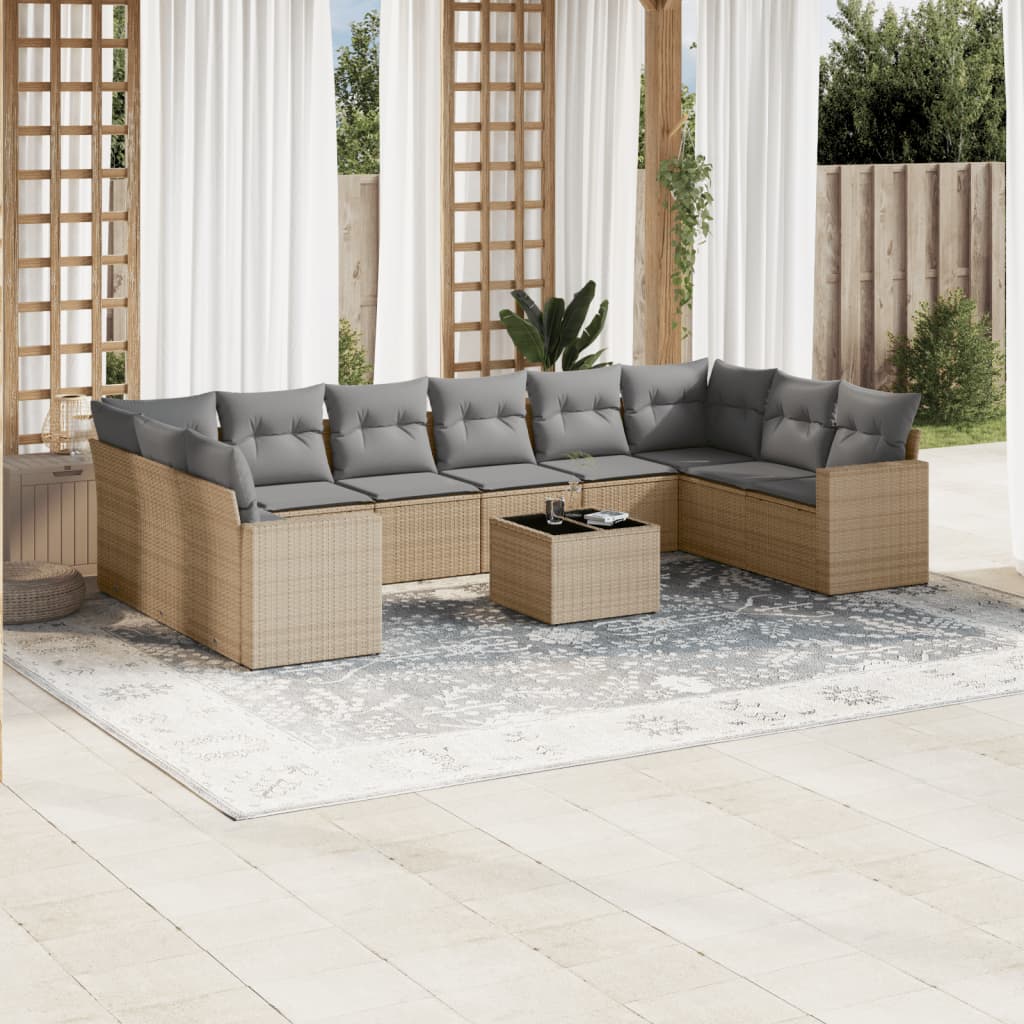 10-tlg. Garten-Sofagarnitur mit Kissen Schwarz Poly Rattan