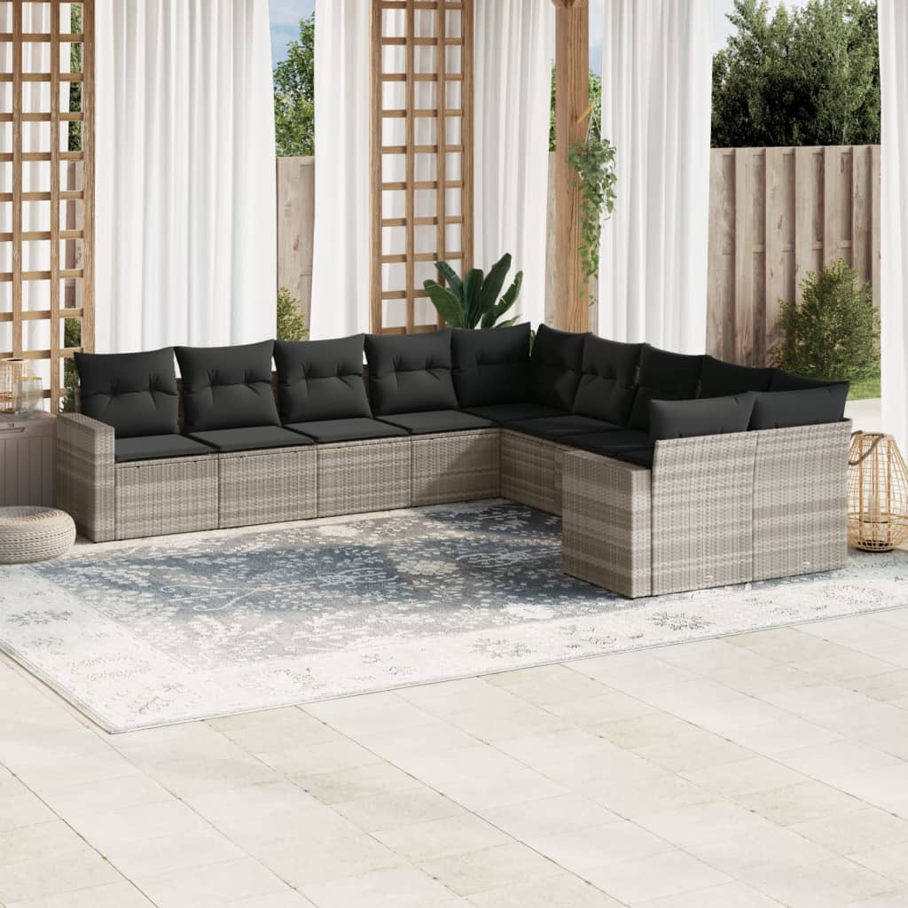 10-tlg. Garten-Sofagarnitur mit Kissen Schwarz Poly Rattan
