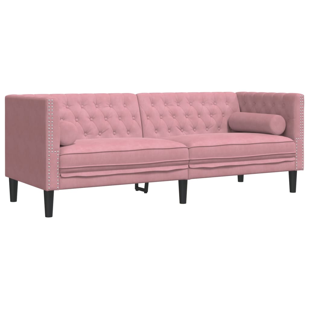 3-tlg. Chesterfield-Sofa-Set mit Nackenrollen Hellgrau Samt