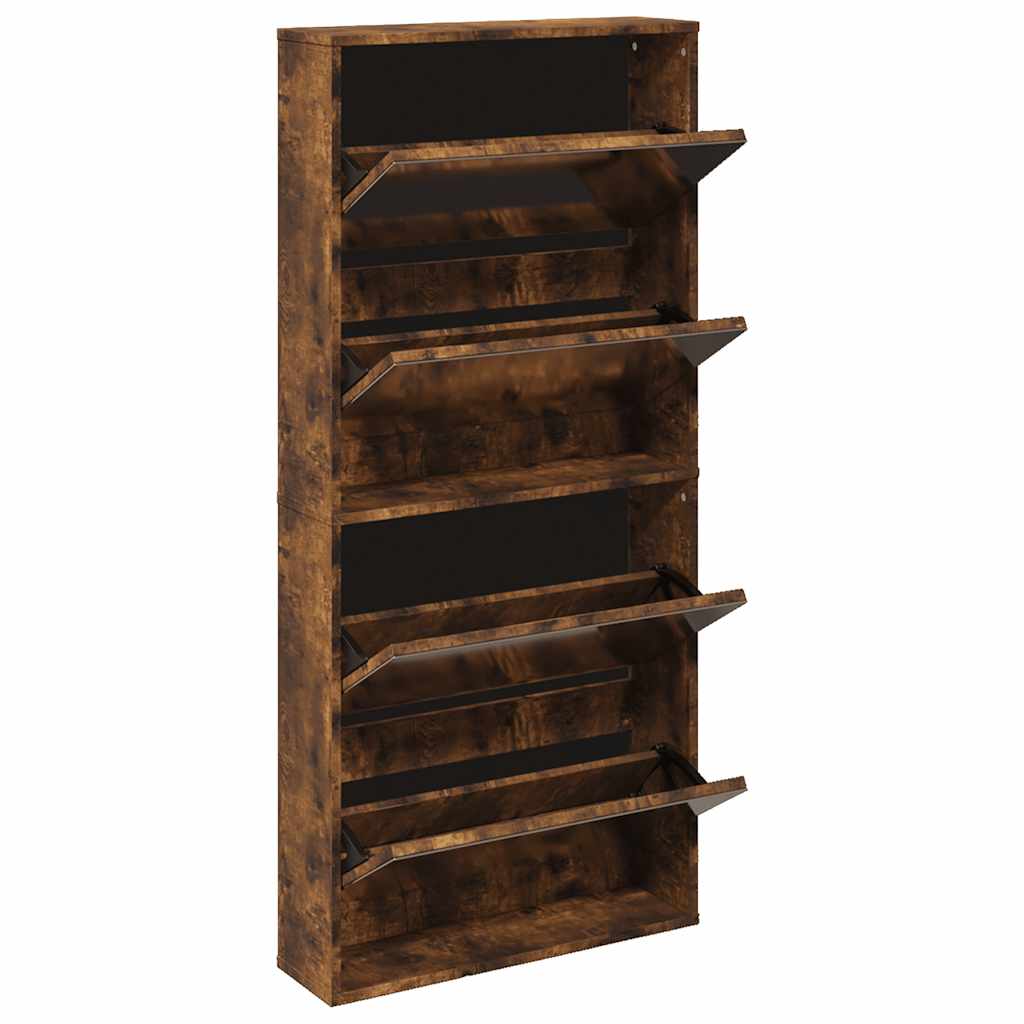 Schuhschrank mit 4 Fächern Spiegel Eiche 63×17×134 cm