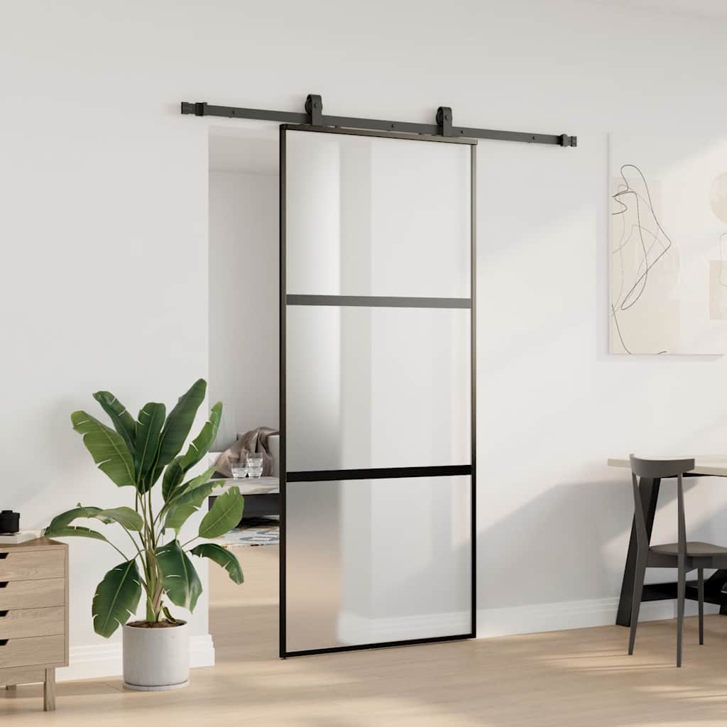 Schiebetür mit Beschlag Schwarz 76x205 cm Hartglas