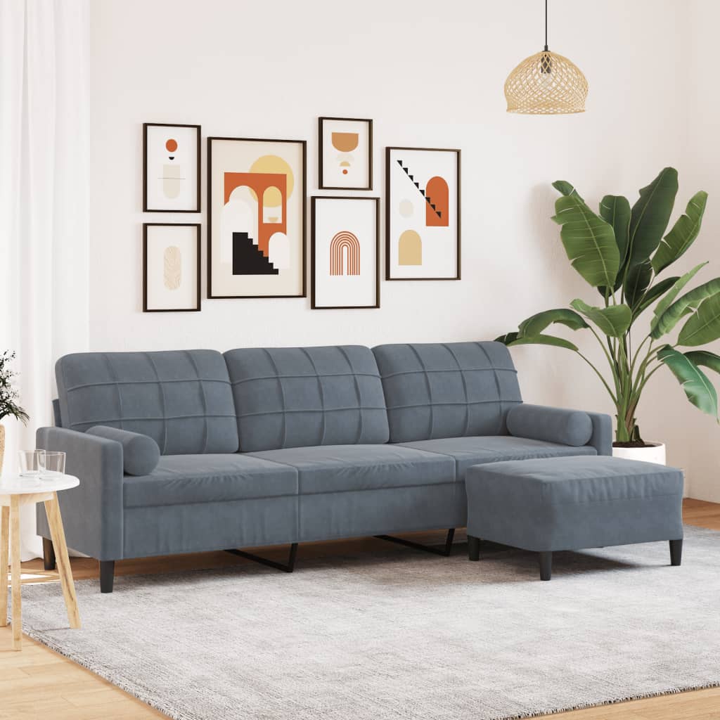 3-Sitzer-Sofa mit Hocker Hellgrau 180 cm Samt