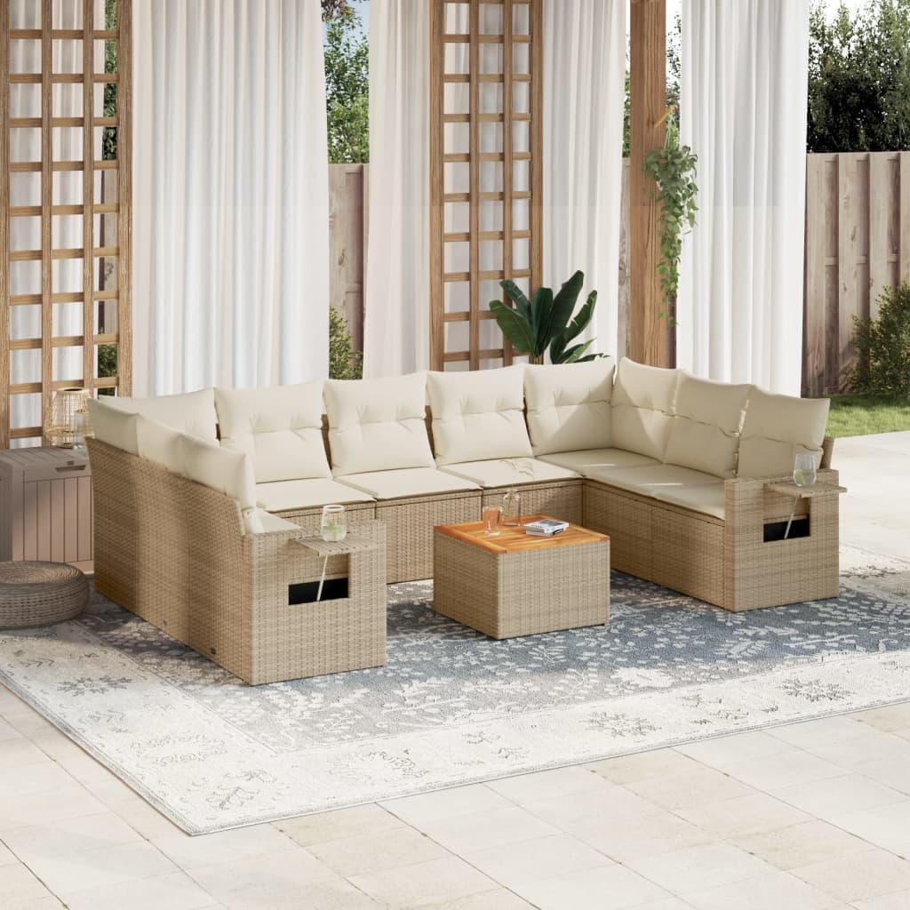 10-tlg. Garten-Sofagarnitur mit Kissen Schwarz Poly Rattan