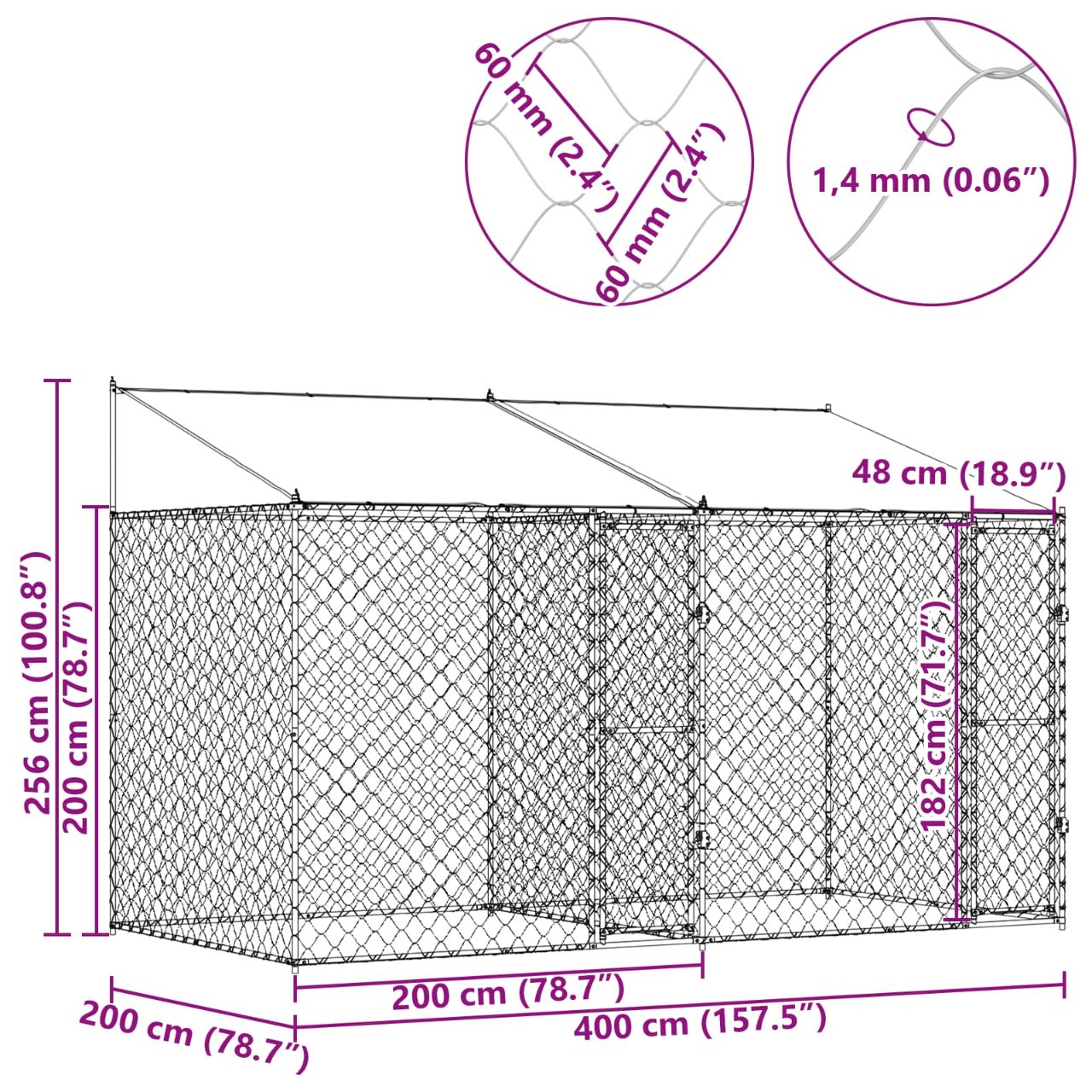 Hundezwinger mit Dach und Tür Grau 2x2x2 m Verzinkter Stahl