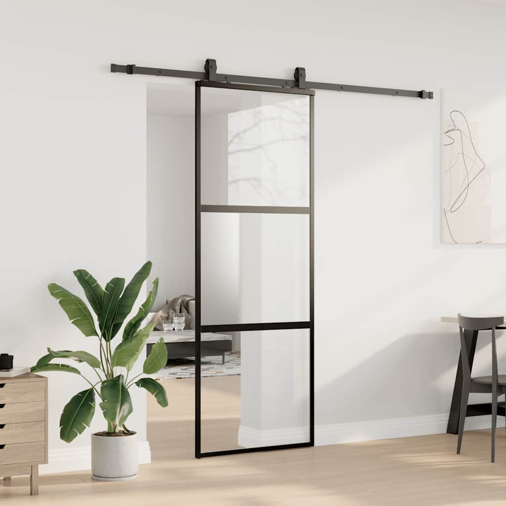 Schiebetür mit Beschlag Schwarz 76x205 cm Hartglas